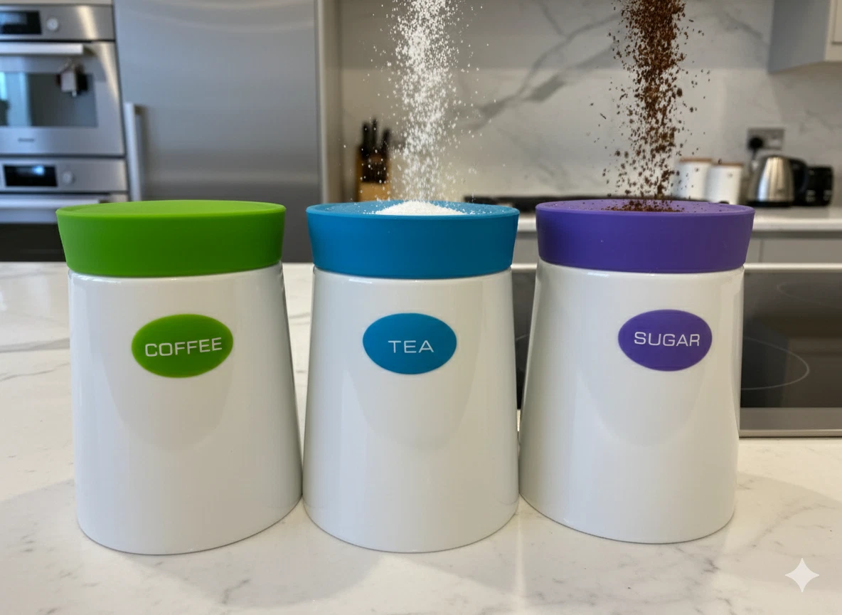 Set of 3 Ceramic Tea Coffee Sugar Canisters Airtight Silicone Lids 16cm
