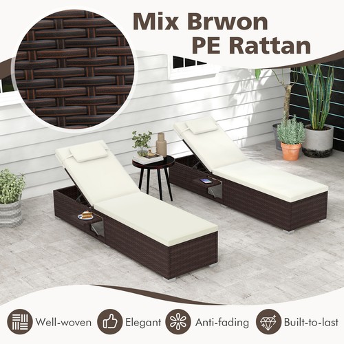 Patio Chaise Lounge Set of 2 w/ Comfy Seat Cushion & Headrest 6-level Backrest - Picture 7 of 8