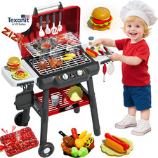 Kids Grill Playset, BBQ Toy Grill with Smoke Sound Light and Wheel, Movable Pret