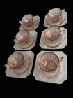 JEANETTE DEPRESSION GLASS ADAM PINK VINTAGE - 6 TEA COFFEE CUP & SAUCER SETS