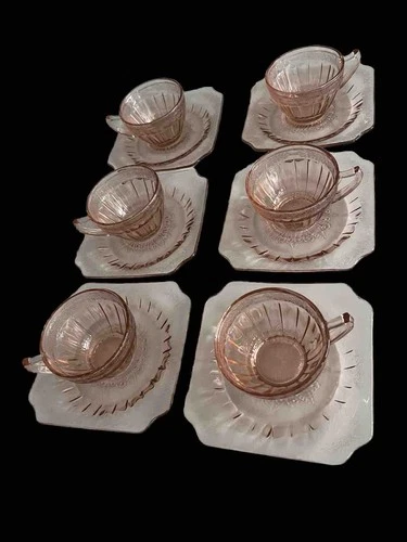 JEANETTE DEPRESSION GLASS ADAM PINK VINTAGE - 6 TEA COFFEE CUP & SAUCER SETS