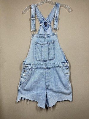 GAP Denim Overalls Shorts Womens Large Shortall Frayed Hem Pockets Raw Edge  Jean