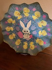 Vintage Easter Pressed Paper Molded Bowl Made in USA Bunny Chick Tulips Spring
