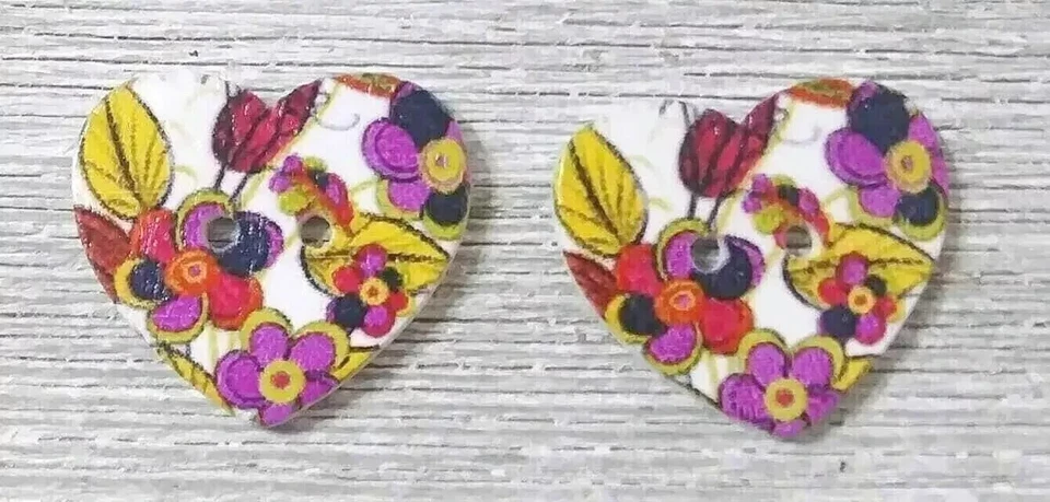 flower heart wood sewing buttons 2 holes 1 inch #11 yellow purple 2pc set new - Image 2 of 2
