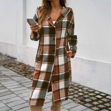Women Lady Hoodie Long Jacket Coat Button Top Check Plaid Casual Vintage Style