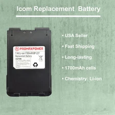 Li-Ion Battery for BP-227 Icom Radios IC-F50V, IC-F60V, IC-V85, IC-M88 (1700mAh)