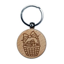 Easter Basket with Eggs Engraved Wood Round Keychain Tag Charm