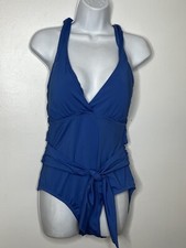 Jantzen Womens One Piece Swim Suit sz 10 Blue V Neck Cross Back Belted NEW