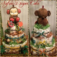 DIAPER CAKE 6 MONKEY BOY GIRL BABY SHOWER GREEN BROWN SAFARI