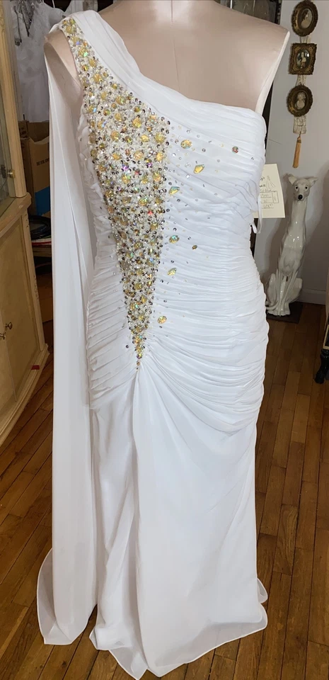 #111 Jol-allure One Shoulder Wedding Gown Loaded With Crystals. NWT Sz 8 - Image 2 of 4