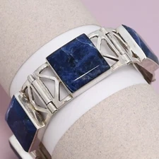 Vtg Mexican Modernist Signed TILO Natural Sodalite 48gr Sterling Silver Bracelet