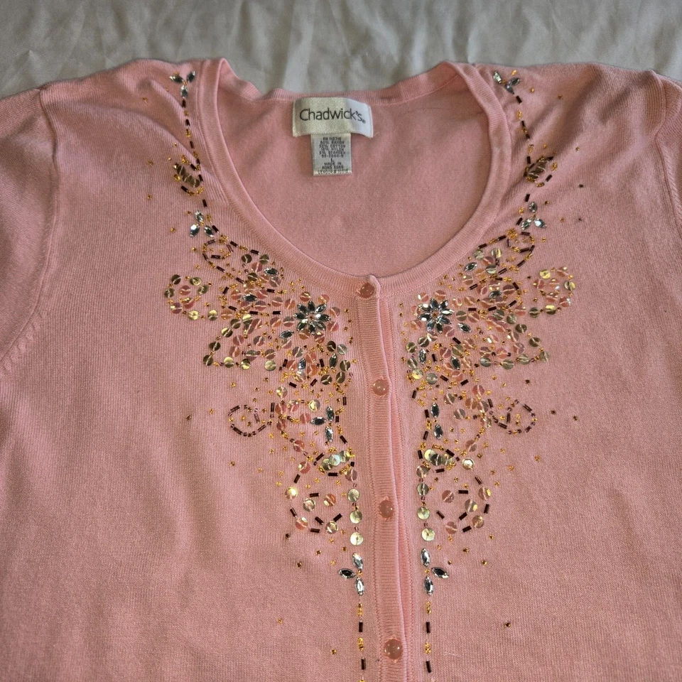 Vtg Chadwick's Hong Kong Beaded Embellished Pink Cardigan Sweater Sz Large READ - Image 4 of 4