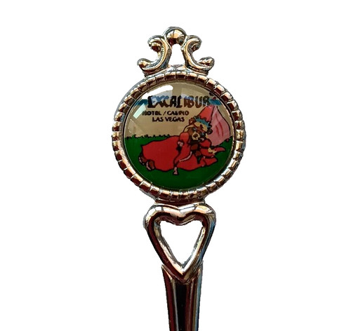 Excalibur Hotel Casino Souvenir Enamel Spoon Las Vegas Nevada Silver Tone Vtg