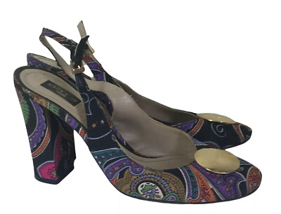 ETRO Paisley Logo Floral Sling Block Heel Slide Mule Shoe Sandal 8.5 Purple Gold
