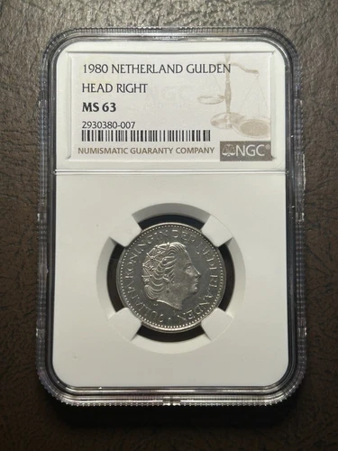 1980 Netherlands 1 Gulden Right Head MS63 NGC Certified Unusual Slab
