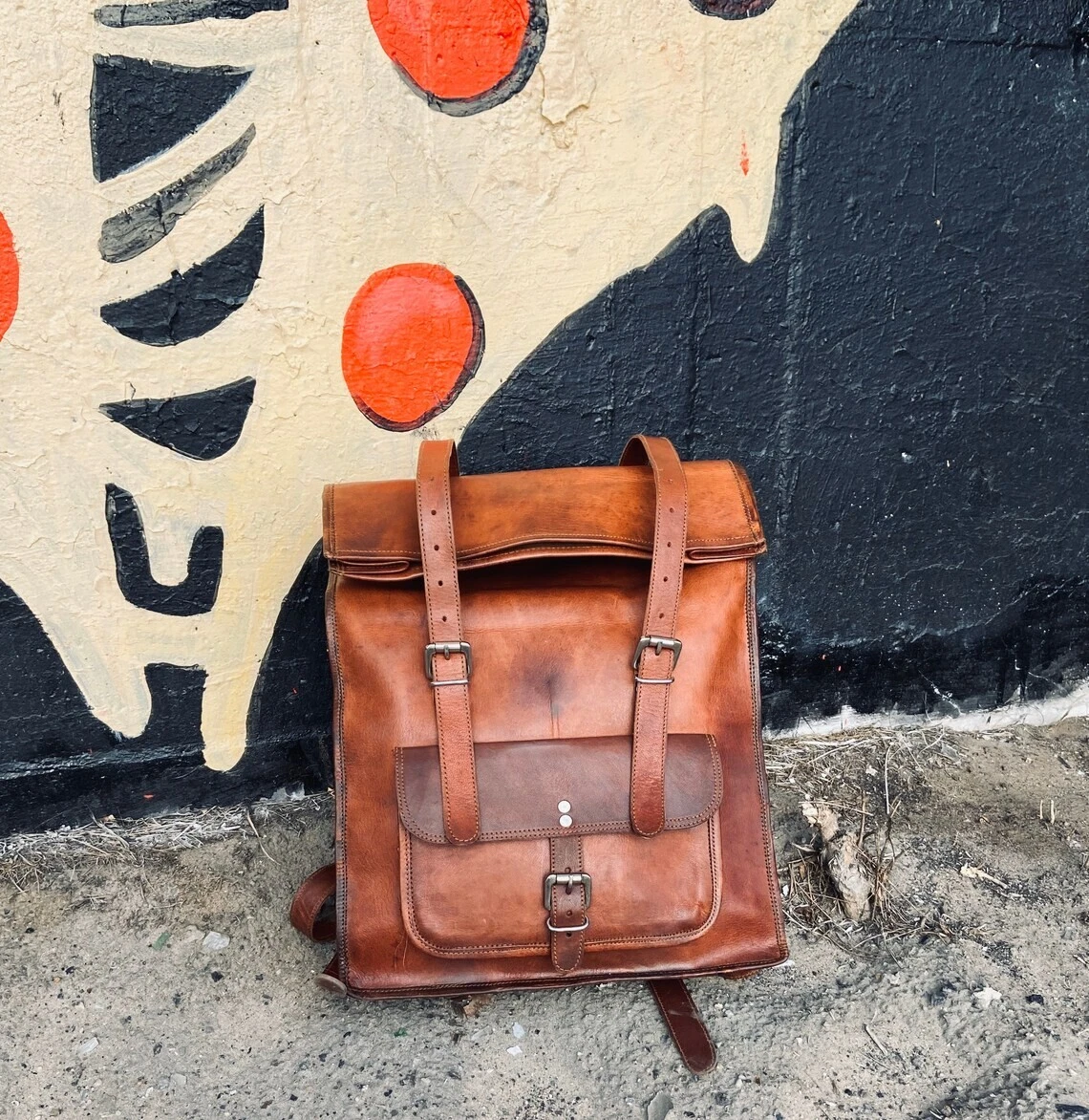 Men's Genuine Giant Leather Roll Backpack Laptop Rucksack Vintage Travel Bag