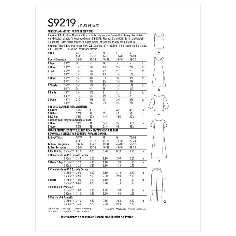 Simplicity Easy SEWING PATTERN S9219 Misses & Misses Petite Nightwear ...