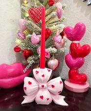 Valentines Pink Bow Red Hearts Resin Coquette Candlestick Candle Holder