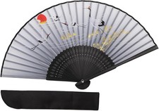Sensu Japanese Folding Fan Bamboo Ribs Silk Crane White with Bag
