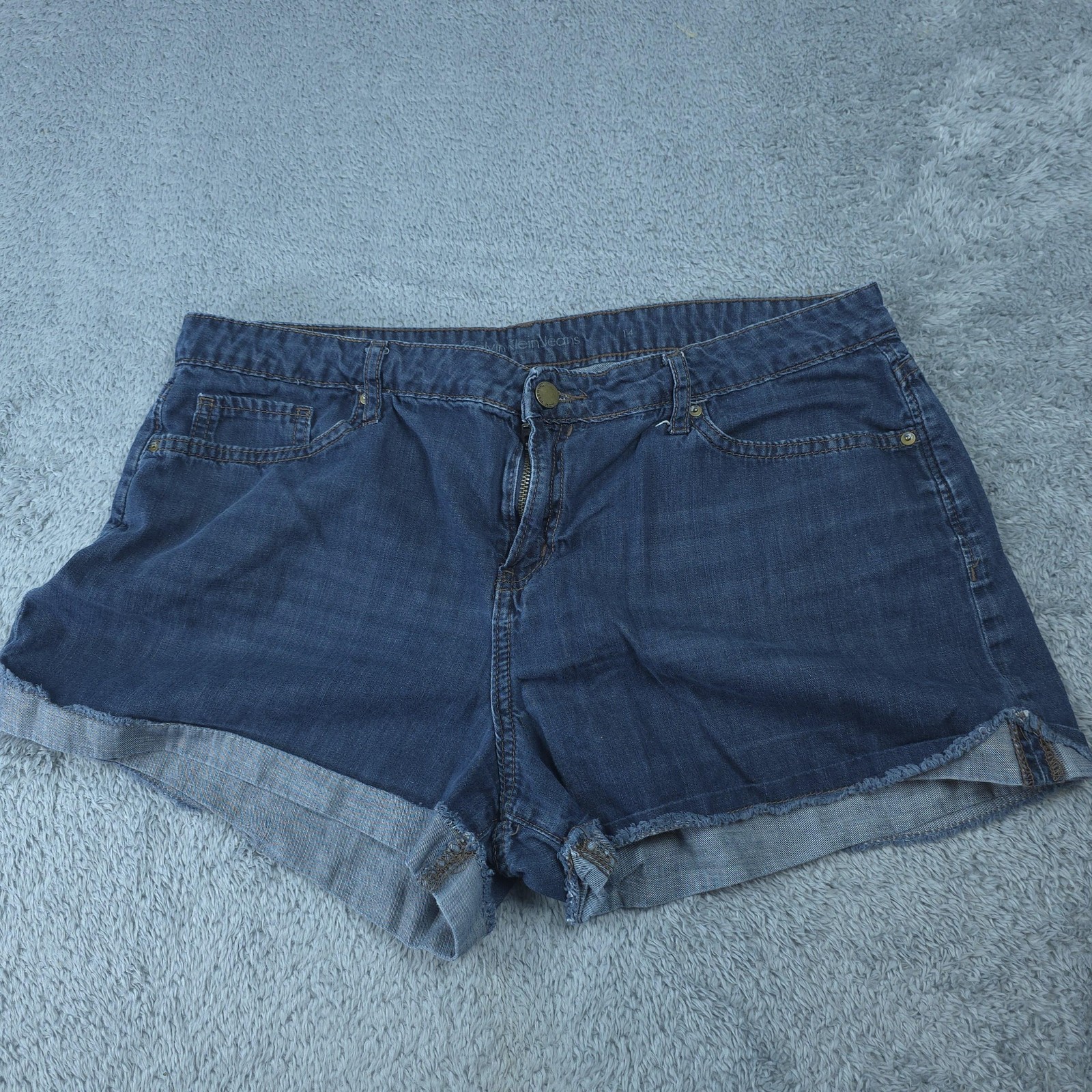 Calvin Klein Jeans Shorts Womens 14 Blue Denim Cutoff Cuffed Zip Fly Casual