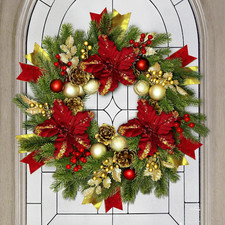 24" Christmas Wreaths for Front Door with Lights Poinsettia Flowers