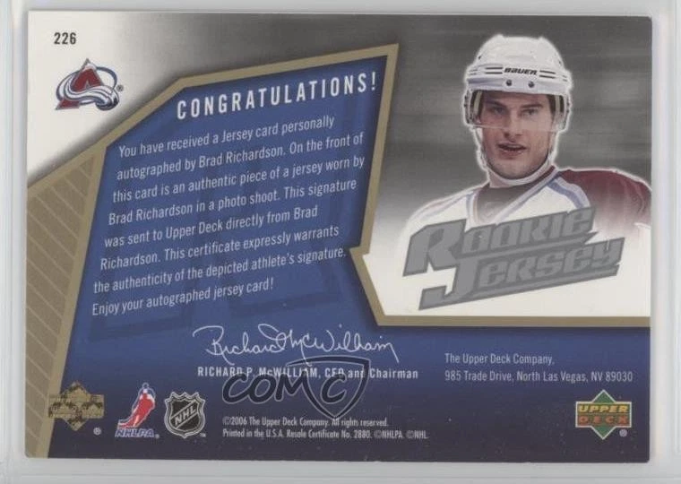 2005-06 SPx Rookie Jersey /1999 Brad Richardson #226 Rookie Auto RC - Image 2 of 2