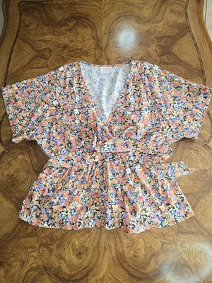 Hazel & Folk Melody Boho Wrap Peplum Top Floral Womens L/XL