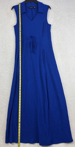 NINA LEONARD Blue Maxi Sleeveless Dress Pockets Drawstring Front S Collared - Picture 6 of 9