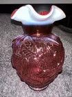 7"  Fenton Vase Pressed Glass Cranberry Opalescent Ruffle Embossed Raised Moth