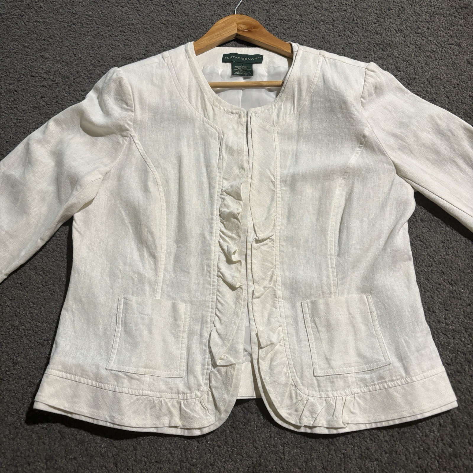 HARVE' BERNARD Blazer Women Sz L Ivory Linen Cottagecore Ruffled Layer Front