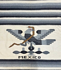 Vintage Mexican Saltillo Serape Blanket Rug/Eagle  Snake Aztec Gray Black White