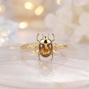 Authentic Gold Plated Beetle Ring Smoky Quartz Animal Lover Vintage Women