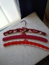 Vintage Set Of 3 Handmade Crocheted Wooden Hangers Red Tones 17"L Yarn Covered