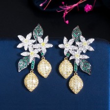 Women Multi-Tone Gold Plated Cubic Zirconia Flower Earrings Drop Wedding Jewelry