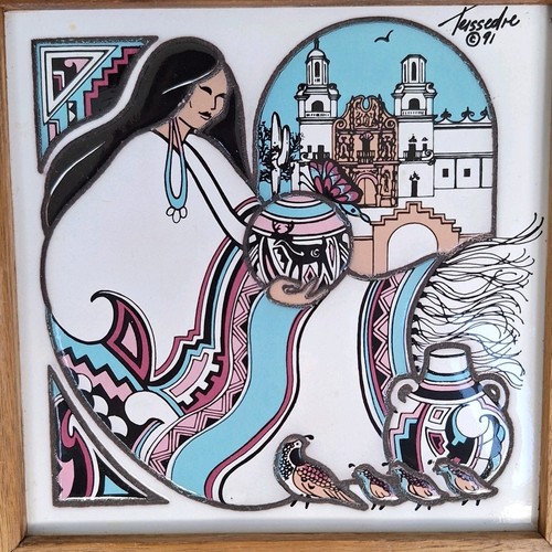 Cleo Teissedre Hand Painted Tile Signed Framed Native American Southwestern 1991 - Picture 2 of 9