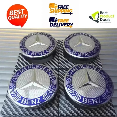 4 x Blue Mercedes Benz 75mm Alloy Wheel Centre Caps AMG A B C E S M ...