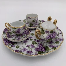 Victoria's Garden Miniature Tea Set-2 Cups Saucers Sugar Bowl Tray Purple Violet