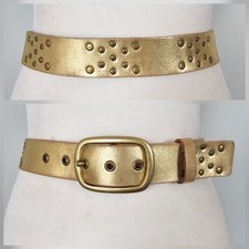 Vintage Sz S 29-33 Studded Belt Gold Leather Brass Y2K Boho Distressed Edge