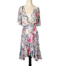 Calvin Klein Dress Womens 4 White Floral Wrap Flutter Sleeve Ruffle Midi Chiffon