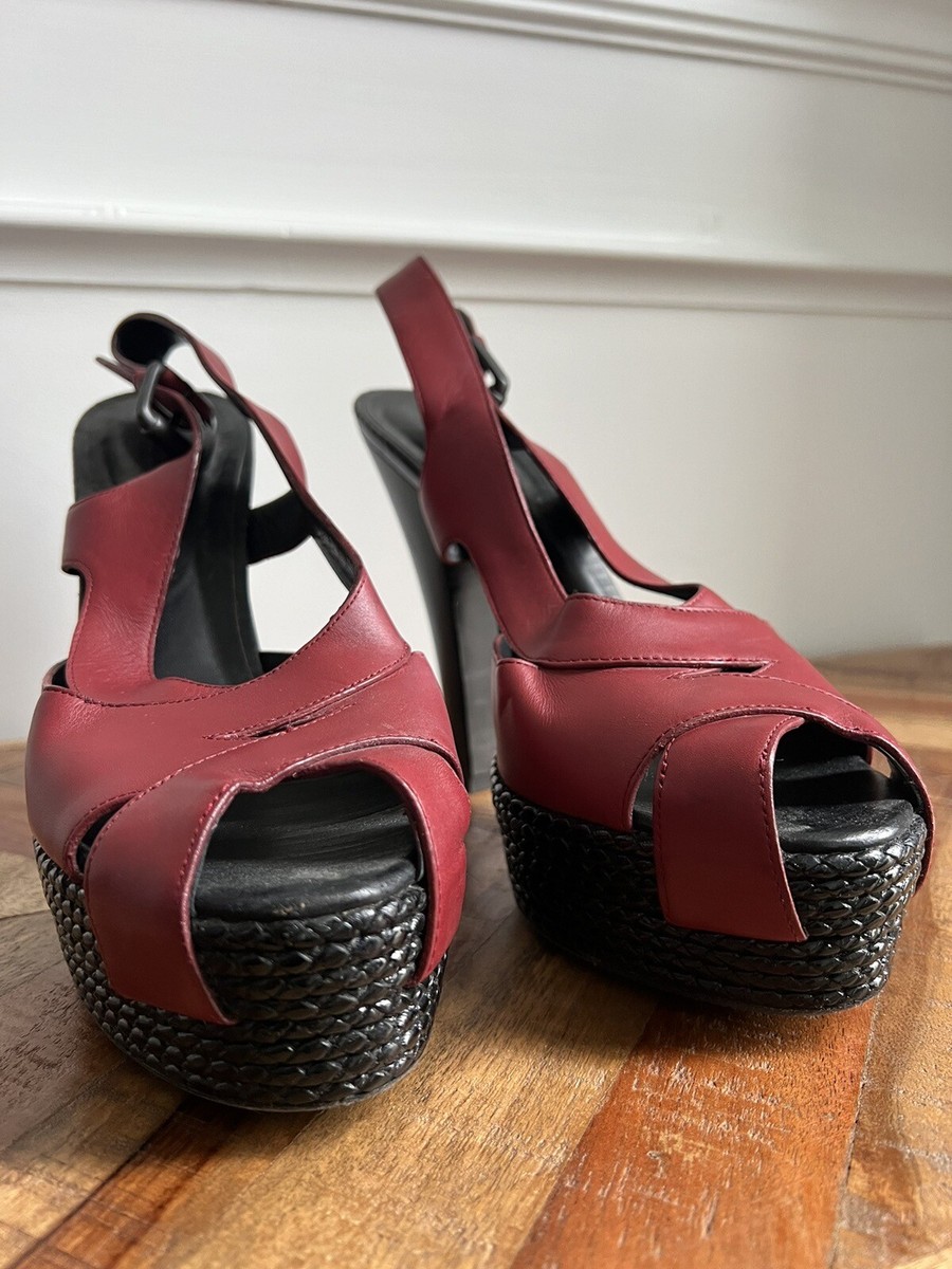 Bottega Veneta Burgundy Black Platform Heels Open Toe Shoes