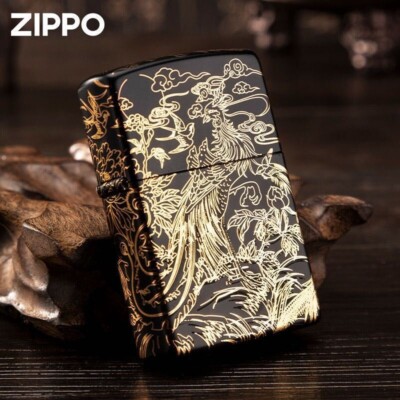 ZIPPO　 太陽模様 USA　オニキス Zippo Phoenix Peacock Bird 5 Sided Etching Black Gold