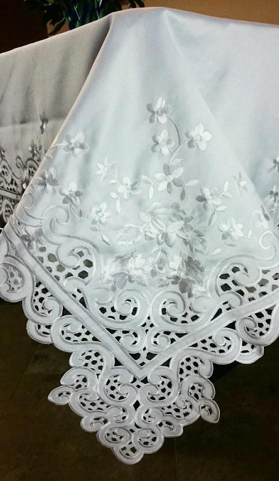 Solid White Wedding 72x126" Embroidery Cutwork Embroidered Tablecloth 12 Napkins - Image 3 of 4