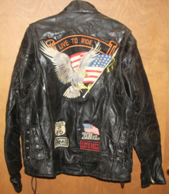 Diamond Plate Buffalo Leather Men's Patchwork Biker Jacket USA Eagle Flag  Medium
