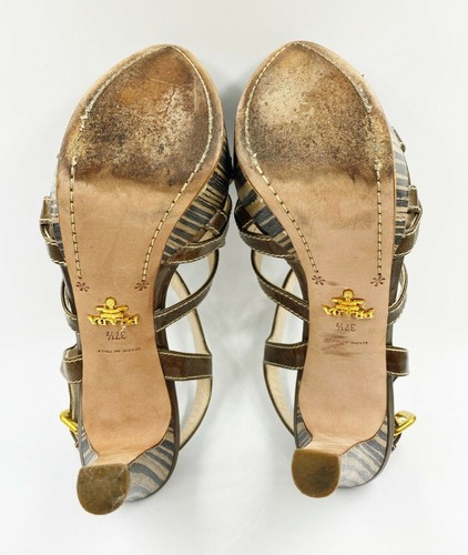 PRADA Brown Leather Caged Sandals Striped Wooden Heels Ankle Strap 37.5 7.5 - Picture 5 of 8