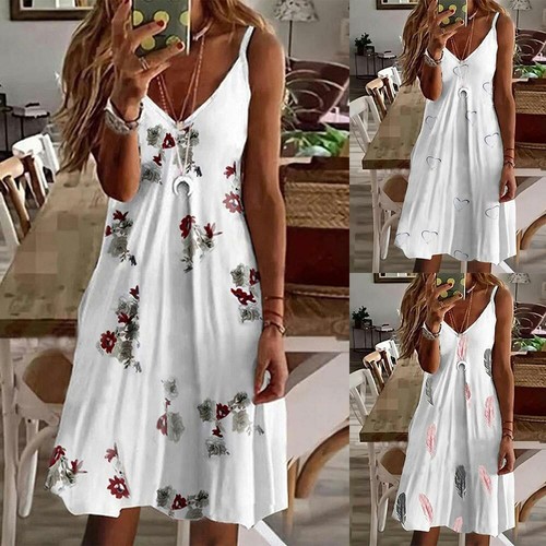Damen Printed V-Neck Sommerkleid Trägerkleid Strandkleid Partykleid Urlaub  DE | eBay