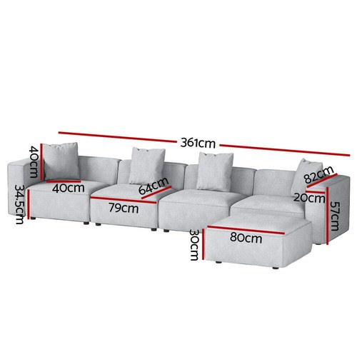 Artiss Modular Sofa Chaise Set 5-Seater Grey - Picture 2 of 7