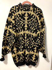 Vintage Gold Metallic Art Deco Print Slouchy Long Sleeve Tunic Sweater Dress L