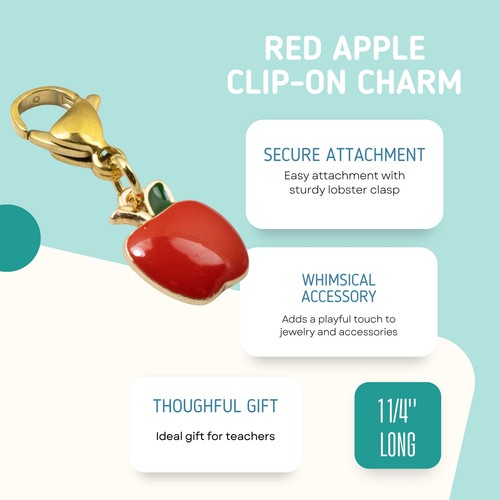 Cute Red Apple Clip-On Charm, Gold & Enamel Bag Charm, Teacher Jewelry Accessory - Picture 3 of 9