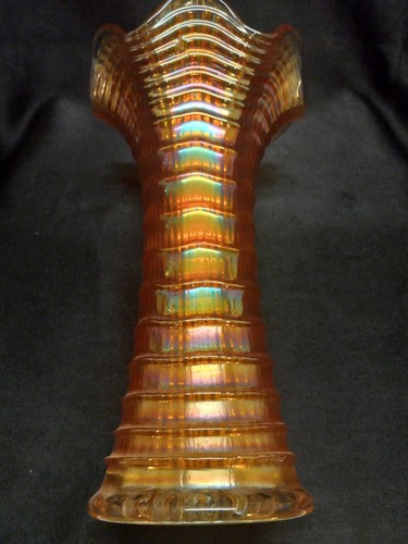 IMPERIAL RIPPLE MID SIZE MARIGOLD IRIDESCENT CARNIVAL GLASS VASE 3 7/8 " BASE - Picture 2 of 11