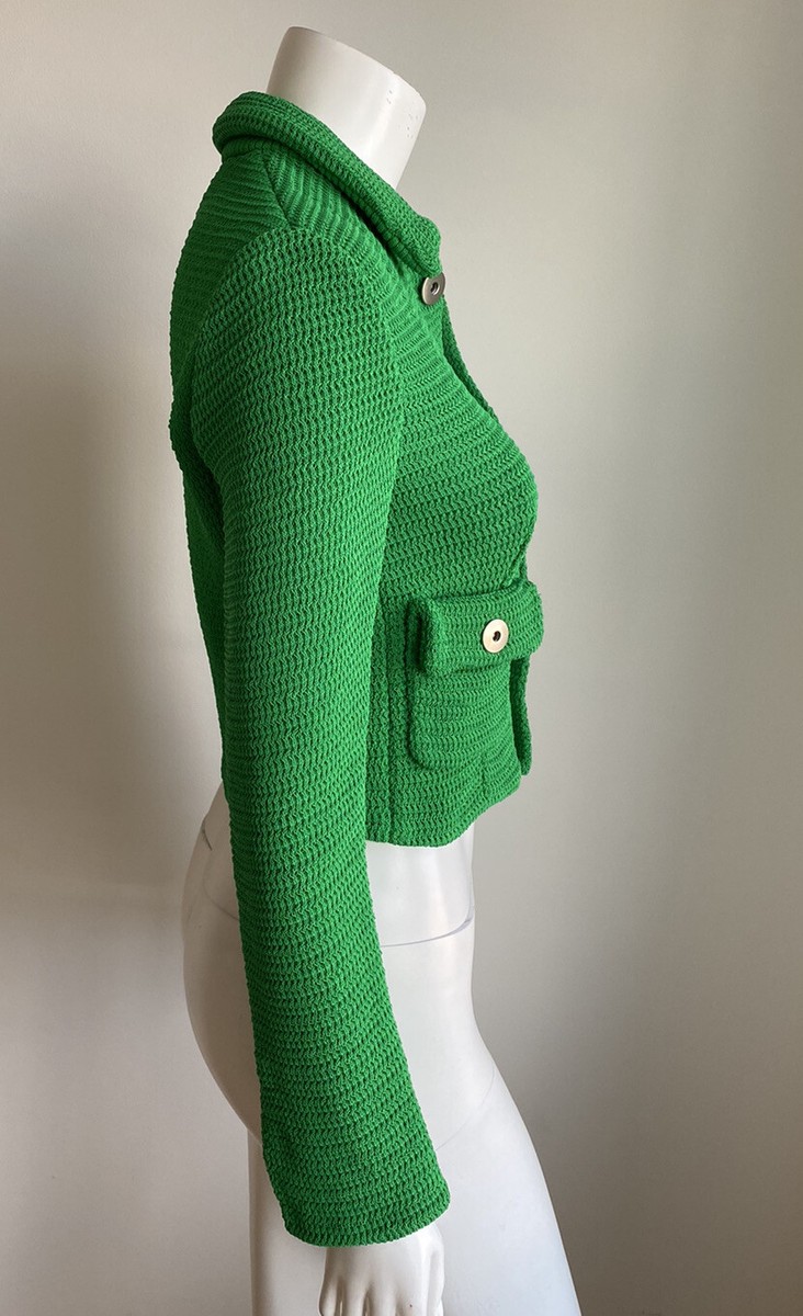 Bottega Veneta Green Woven Knit Cropped Jacket Blazer IT 42